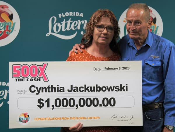 On Monday, the Florida Lottery announces that Cynthia Jackubowski, 56, of Groveland, claimed a $1 million prize from the 500X THE CASH Scratch-Off game at Lottery Headquarters in Tallahassee.