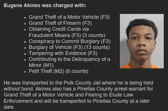 According to deputies, on February 20, 2023, the Polk County Sheriff’s Office arrested 18-year-old Eugene Akines of Tampa, 17-year-old Cedric Upshaw* of Tampa, 17-year-old Jamari Footman* of Tampa, and 17-year-old Sergio Hollis* of Bartow after they burglarized 15 vehicles at three Polk County apartment complexes: Avenue Apartments (6720 South Florida Ave.) and Ariva Apartments (5190 Ariva Blvd.) both in Lakeland, and the Huntington at Sundance Apartments (300 Heartland Blvd.) in Mulberry.