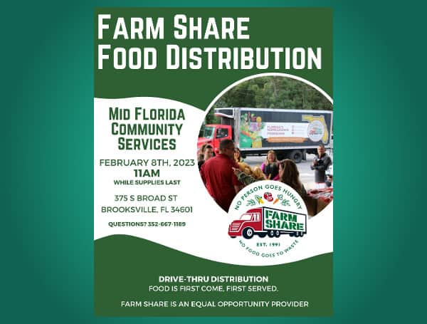 In partnership with FarmShare, Mid Florida Community Services, Inc's., next food distribution will take place on Wednesday, February 8 in Brooksville beginning at 11 a.m. and running while supplies last! This