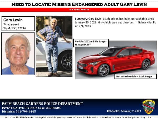 Have you seen this man? Gary Levin, a Lyft driver, has been unreachable since January 30, 2023. His vehicle was last observed in Gainesville, Florida on 2/1/2023. He is a 74 yr-old W/M, 5'7", 170lbs. If you have information, contact Palm Beach Gardens Police at 561-799-4445.