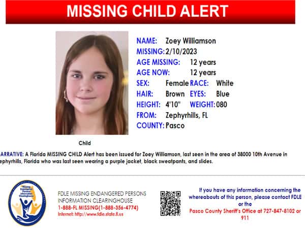PASCO COUNTY, Fla. - A Florida MISSING CHILD Alert has been issued for Zoey Williamson, a white female, 12 years old, 4 feet 10 inches tall, 80 pounds, brown hair, and blue eyes.