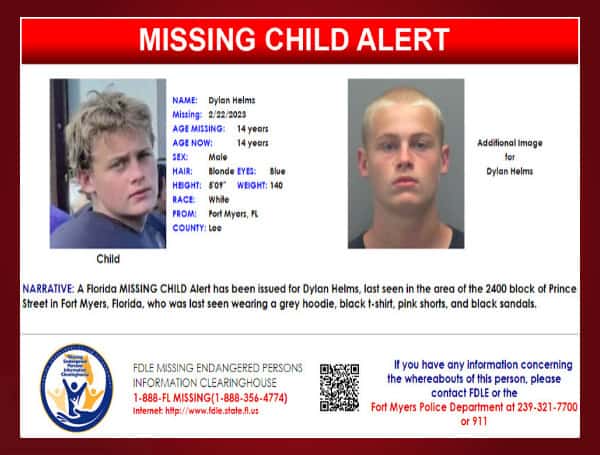 A Florida MISSING CHILD Alert has been issued for Dylan Helms, a white male, 14 years old, 5 feet 9 inches tall, 140 pounds, with blonde hair, and blue eyes.