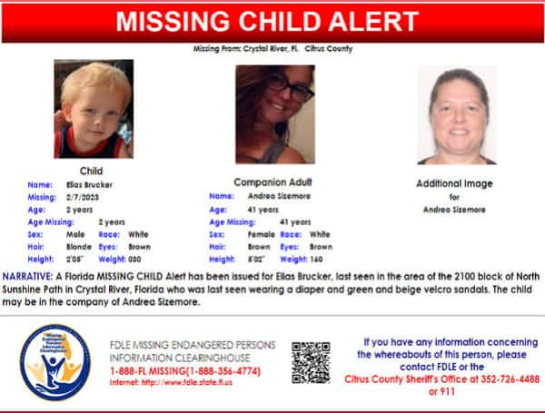 A Florida MISSING CHILD Alert has been issued for Elias Brucker, a white male, two years old, 2 feet 5 inches tall, 30 pounds, blonde hair, and brown eyes, last seen in the area of the 2100 block of North Sunshine Path in Crystal River, Florida.
