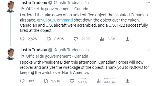 Canadian Prime Minister Justin Trudeau said Saturday that an “unidentified object” had been shot down over Canadian airspace on his orders.