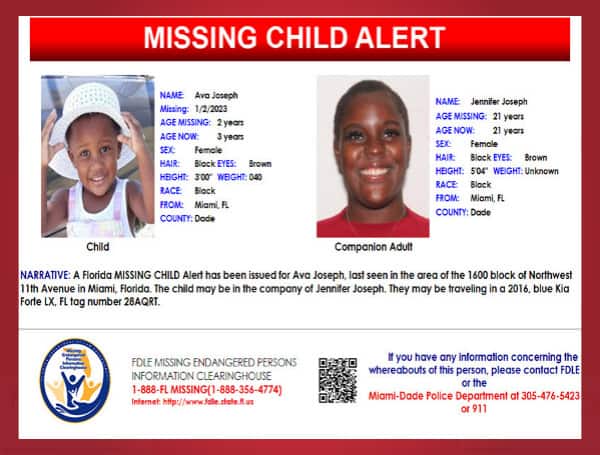 A Florida MISSING CHILD Alert has been issued for 3-year-old Ava Joseph.