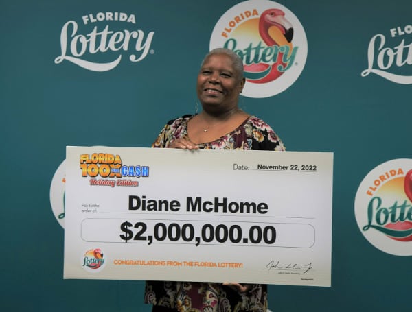 Today, the Florida Lottery (Lottery) announces that Diane McHome, 57, of Gainesville, claimed a $2 million top prize from the FLORIDA 100X THE CASH Scratch-Off game at Lottery Headquarters in Tallahassee.