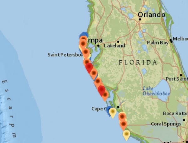  is forecasting a HIGH risk of respiratory irritation from Karenia brevis (red tide) at some beaches in CHARLOTTE, MANATEE, PINELLAS & SARASOTA counties. Conditions may vary.