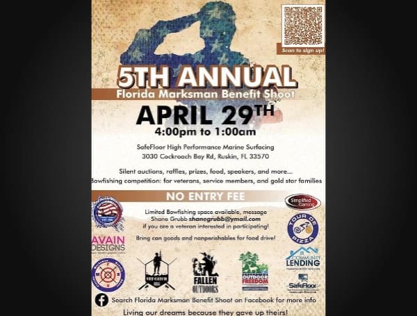 The 5th Annual Florida Marksman Benefit Shoot will be held at 3030 Cockroach Bay Rd. Ruskin, FL 33570 on April 29, 2023.