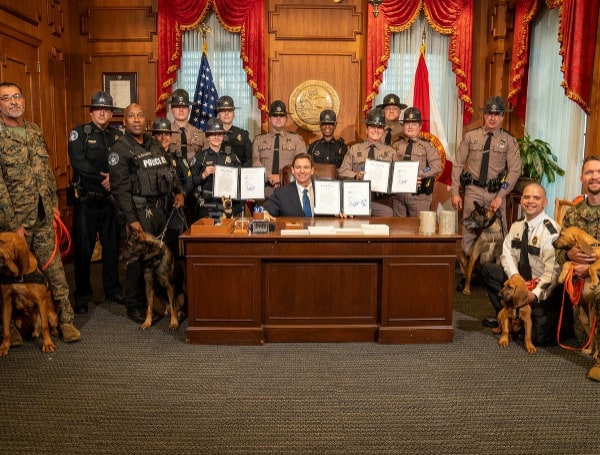 Today, Florida Governor Ron DeSantis signed House Bill (HB) 1047 to increase criminal penalties for harming, harassing, or willfully resisting an animal working with police officers, firefighters, or search and rescue teams.