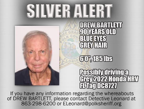 POLK COUNTY, Fla. - The Polk County Sheriff's Office has issued a SILVER ALERT for 90-year-old Drew Bartlett of Auburndale.