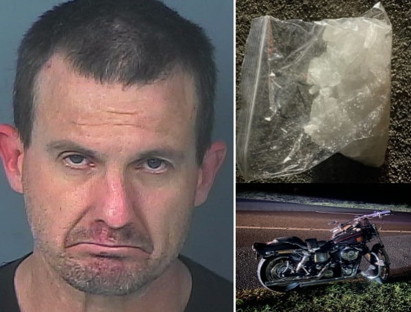 A Brooksville man is behind bars after a late-night traffic stop on his motorcycle resulted in trafficking of meth charges.