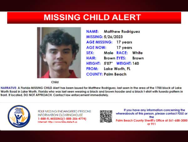 A Florida MISSING CHILD Alert has been issued for Matthew Rodriguez, a white male, 17 years old, 5 feet 7 inches tall, 140 pounds, with brown hair and brown eyes.