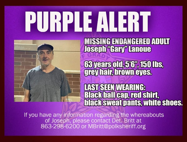 POLK COUNTY, Fla. - The Polk County Sheriff's Office is issuing a PURPLE ALERT tonight for 63-year-old Joseph "Gary" Lanoue of Poinciana. Joseph.
