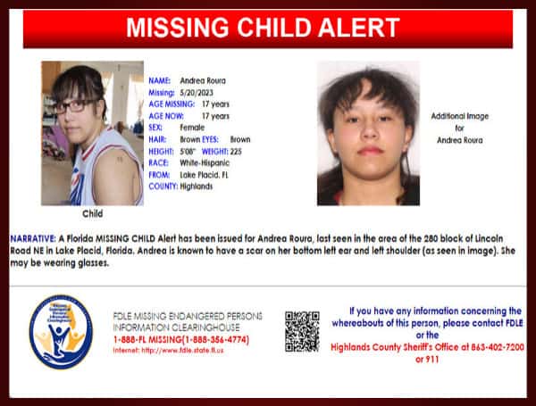 A Florida MISSING CHILD Alert has been issued for 17-year-old Andrea Roura, a white-Hispanic female.