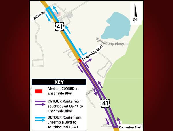 LAND O' LAKES, Fla - The median between northbound and southbound US 41 at Ensemble Boulevard is scheduled to close around-the-clock for reconstruction beginning Monday morning, June 19, 2023.