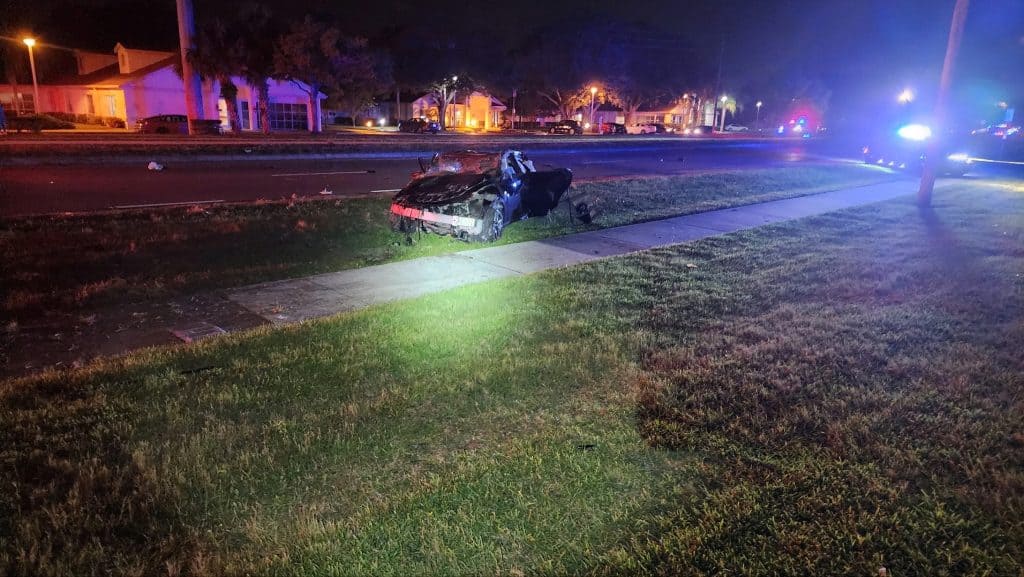 PINELLAS COUNTY, Fla.- One man is dead, and another is in serious condition after a high-speed crash into a block wall, splitting the car in half.