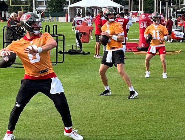 TAMPA, Fla. - Right now, the Bucs don't have a starting QB. Neither Baker Mayfield nor Kyle Trask look at it like replacing Tom Brady at quarterback.