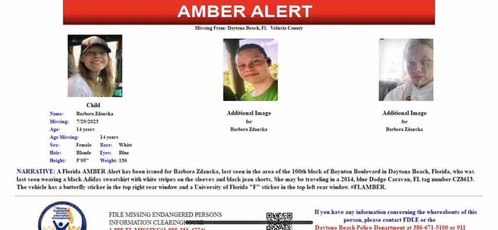 A Florida AMBER Alert has been issued for Barbora Zdanska, a white female, 14 years old, 5 feet 5 inches tall, 136 pounds, with blonde hair, and blue eyes.