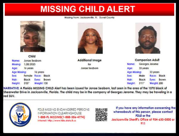 A Florida MISSING CHILD Alert has been issued for Jonae Seaborn, a black female, 16 years old, 5 feet 5 inches tall, 130 pounds, with black hair, and brown eyes.