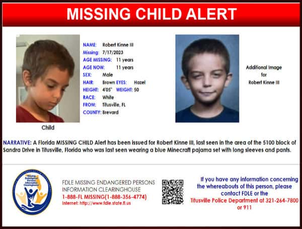 A Florida missing child alert has been issued for Robert Kinne III, a white male, 11 years old, 4 feet 5 inches tall, and 50 pounds.