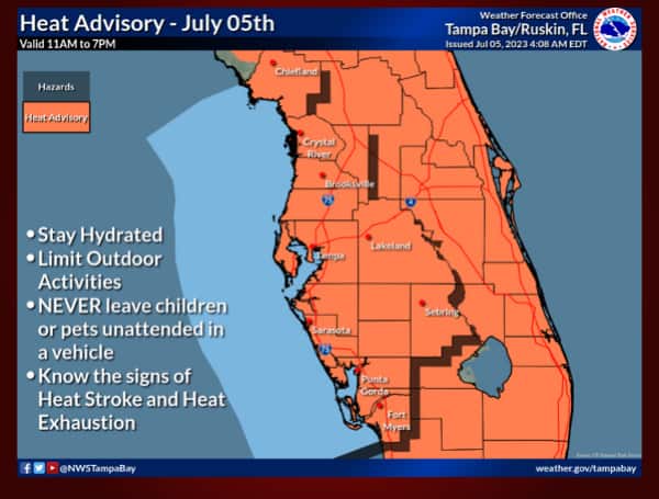 A Heat Advisory is in effect today for most of the state, according to the National Weather Service. Hot temperatures and high humidity may cause heat illnesses to occur. 