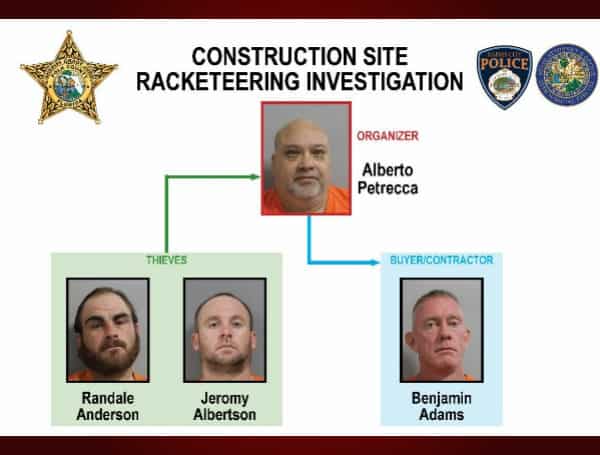POLK COUNTY, Fla. - Four people were arrested and charged with racketeering for an organized scheme to steal and resell appliances and building materials from construction sites.