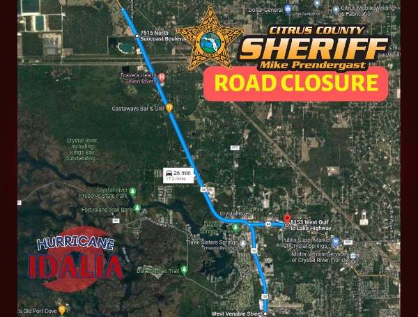 CITRUS COUNTY, Fla. - At this time, due to the significant and rapidly increasing water levels the area is experiencing on the west side of the county, a large portion of US HWY 19 from CR 488 (West Dunnellon Road) to West Venable Street in Crystal River is CLOSED.
