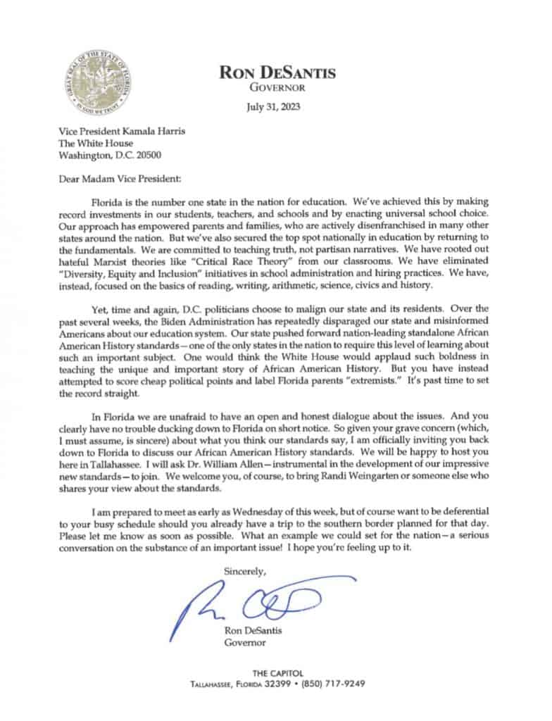 Florida Governor Ron DeSantis has invited Vice President Kamala Harris to Florida to discuss recent changes made to the standards for teaching Black history.