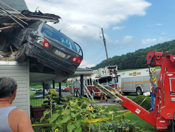 A Pennsylvania driver crashed their car into the second floor of a house in a Pennsylvania town Sunday, authorities said.