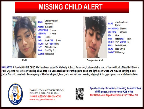 A Florida MISSING CHILD Alert has been issued for Kimberly Nolasco Hernandez, a white-hispanic female, 15 years old, 5 feet 4 inches tall, 140 pounds, black hair and brown eyes.