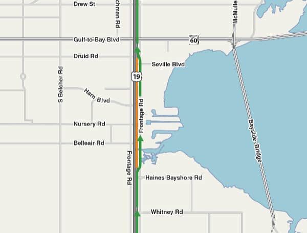 CLEARWATER, Fla. - Beginning Wednesday, August 30 through Thursday, August 31, all northbound US 19 travel lanes will be closed between Belleair Road and Seville Boulevard nightly from 10 p.m. to 6 a.m., weather permitting.
