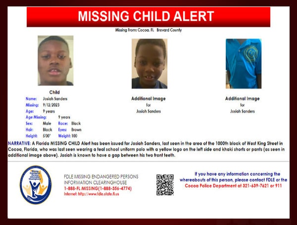 A Florida MISSING CHILD Alert has been issued for Josiah Sanders, a black male, 9 years old, 5 feet tall, 100 pounds, black hair and brown eyes.