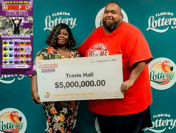 The Florida Lottery announced Thursday that Travis Hall, 44, of Port St. Lucie, claimed a $5 million top prize from the $20 MONOPOLY DOUBLER Scratch-Off game at the Lottery’s Headquarters in Tallahassee.