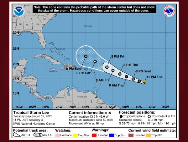 The National Hurricane Center says Tropical Depression 13 has organized and intensified into Tropical Storm Lee.