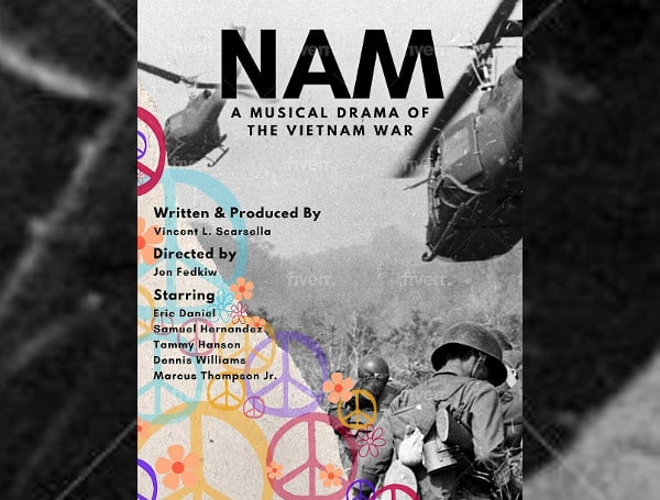 LAKELAND, Fla. - Vincent Scarsella's musical play about the Vietnam War, "Nam - A Musical Drama of the Vietnam War," will be performed at the Stage Room at 310 E. Lemon Street in downtown Lakeland at 7 PM on Friday and Saturday, November 3-4, and at 2 PM, Sunday, November 5, 2023. 