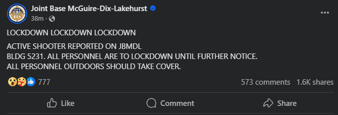 Joint Base McGuire-Dix-Lakehurst in New Jersey is on lockdown after a report of an active shooter, according to a social media post by the base.