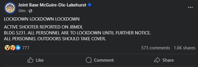 Joint Base McGuire-Dix-Lakehurst In New Jersey Lockdown Lifted After Reported Active Shooter 3 Joint Base McGuire-Dix-Lakehurst in New Jersey is on lockdown after a report of an active shooter, according to a social media post by the base.