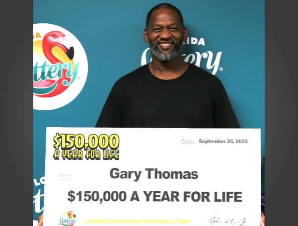 The Florida Lottery announced Monday that Gary Thomas, 49, of Dothan, AL, claimed a top prize from the $150,000 A YEAR FOR LIFE Scratch-Off game at Lottery Headquarters in Tallahassee. 