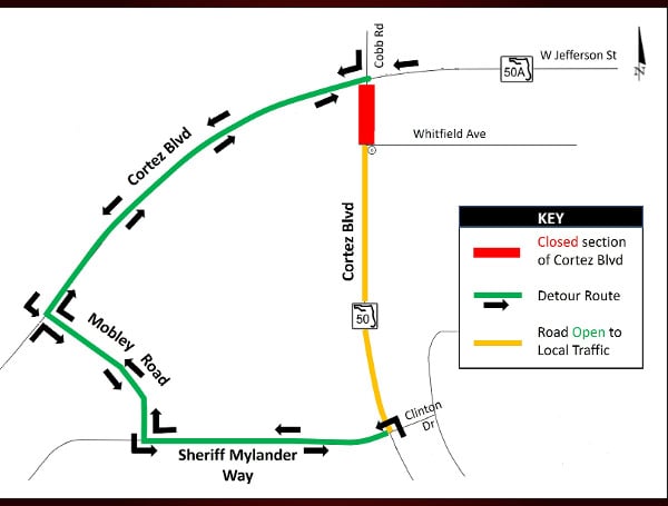 BROOKSVILLE, Fla. - SR 50 (Cortez Blvd) will be closed to all traffic from the intersection of Cobb Road / W Jefferson Street (SR 50A) to Whitfield Avenue between 8 p.m. Thursday, November 16, and 6 a.m. Friday, November 17, weather permitting.