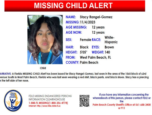 A Florida MISSING CHILD Alert has been issued for Stacy Rangel-Gomez, a white-Hispanic female, 12 years old, 5 feet 5 inches tall, 140 pounds, with black hair and brown eyes.