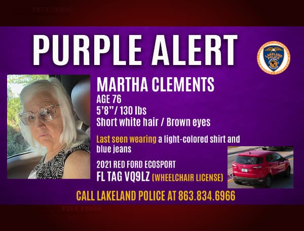 LAKELAND, Fla. - A Florida Purple Alert has been issued for 76-year-old Martha Clements of Lakeland.