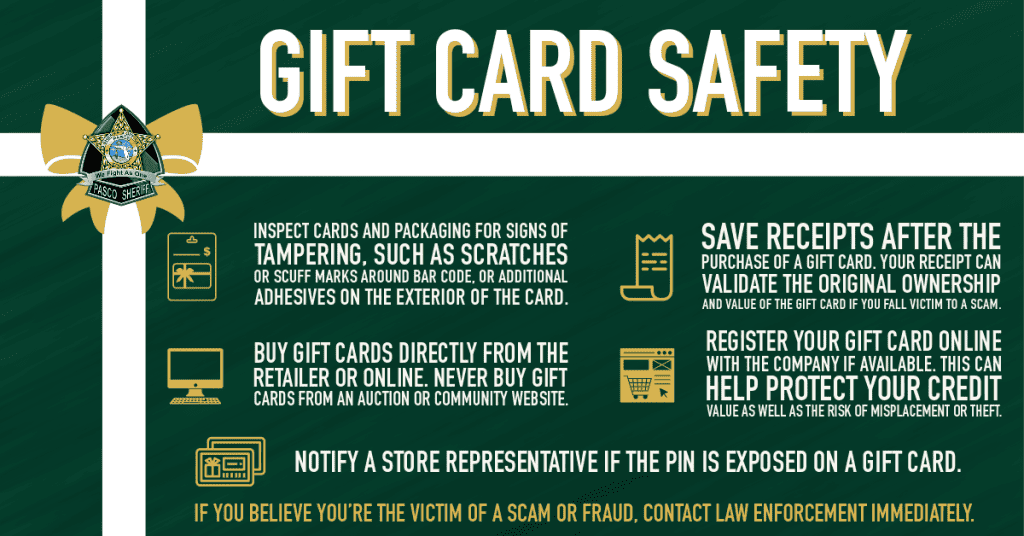 The Pasco Sheriff’s Office urges citizens to be cautious when purchasing gift cards this holiday season.