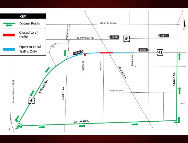Daytime closure/detour planned for northbound US 41 (eastbound S Broad Street) at railroad tracks