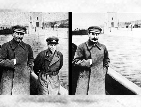 Nikolai Yezhov, an early Soviet leader and architect of the Great Purge, was later purged from the photo after Stalin murdered him.