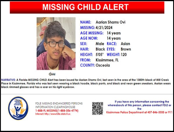 Florida Missing Child Alert Issued For 14-Year-Old Aarian Shams Ovi