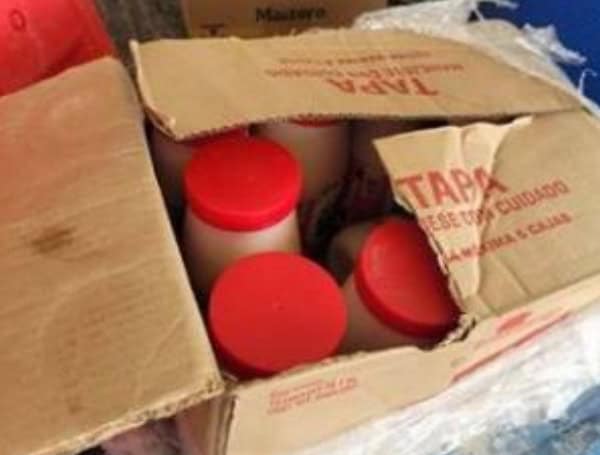Jars of lard in carboard box. CBP officers seized loads of 32.40 pounds, 31.39 pounds and 30.99 pounds of methamphetamine within jars of lard at Eagle Pass Port of Entry