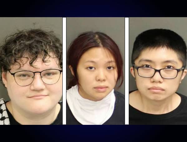 Left to Right: Isabella Giannosa, Jenni Nguen, and My Truong were arrested on May 11, 2024, after they blocked traffic near Disney World on Interstate 4 during an anti-Israel protest. (Orange County Corrections Department)